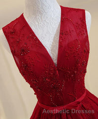 Burgundy V Neck Lace Long Evening Prom Dresses, Burgundy Evening Prom Dresses