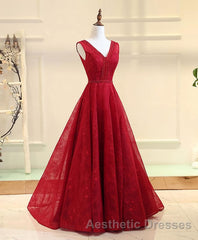 Burgundy V Neck Lace Long Evening Prom Gown Burgundy Evening Prom Dresses