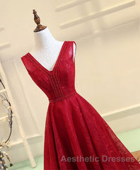 Burgundy V Neck Lace Long Evening Prom Gown Burgundy Evening Prom Dresses