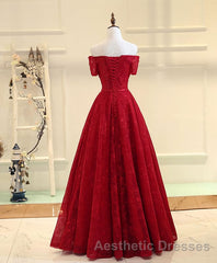 Burgundy a Line Lace Long Evening Prom Dresses, Burgundy Evening Prom Dresses