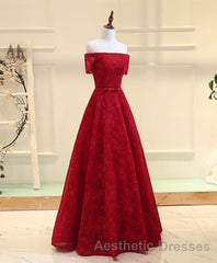 Burgundy a Line Lace Long Evening Prom Dresses, Burgundy Evening Prom Dresses