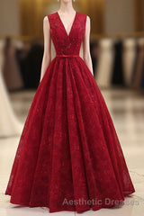 Burgundy V Neck Lace Long Evening Prom Dresses, Burgundy Evening Prom Dresses