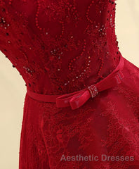 Burgundy a Line Lace Long Evening Prom Dresses, Burgundy Evening Prom Dresses