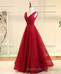 Burgundy V Neck Lace Long Evening Prom Gown Burgundy Evening Prom Dresses