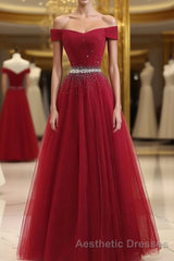Burgundy Tulle Off Shoulder Long Evening Prom Dresses, Burgundy Evening Prom Dresses