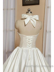 Bridal Shower Little White Dresses Wedding Dresses Tea Length A-Line Sleeveless Halter Satin With Bow(S) Pleats