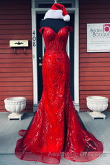 Fuchsia Off-Shoulder Sequined Floral Mermaid Long Evening Prom Dresses with Slit