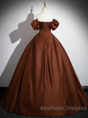 Brown A-Line Satin Long Evening Prom Dresses, Brown Long Formal Dresses