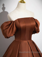 Brown A-Line Satin Long Evening Prom Dresses, Brown Long Formal Dresses