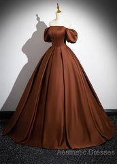 Brown Satin A-Line Short Sleeves Party Dresses, Simple Satin Evening Prom Dresses Evening Dresses