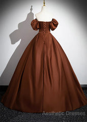 Brown Satin A-Line Short Sleeves Party Dresses, Simple Satin Evening Prom Dresses Evening Dresses