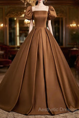Brown Satin A-Line Short Sleeves Party Dresses, Simple Satin Evening Prom Dresses Evening Dresses