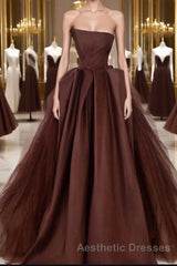 Brown Satin Tulle Long Evening Prom Gown, Brown Long Evening Dresses