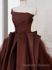 Brown Satin Tulle Long Evening Prom Gown, Brown Long Evening Dresses