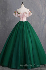 Green Off the Shoulder Floor Length Evening Prom Dresses with Appliques, Puffy Quinceanera Dresses