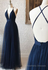 Simple Tulle Blue Long Prom Dress, A Line Backless Evening Dress