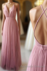 Simple Tulle Long Evening Prom Dresses, A Line Backless Evening Prom Dresses