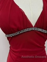 Burgundy A-Line Halter V Neck Chiffon Backless Evening Prom Dresses,Bridesmaid Dresses With Ankle Length