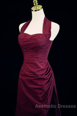 Burgundy A-Line Halter Vintage Style Evening Prom Dresses, Burgundy Long Evening Dresses