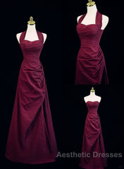 Burgundy A-Line Halter Vintage Style Evening Prom Dresses, Burgundy Long Evening Dresses