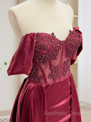 Burgundy A-Line Off Shoulder Satin Lace Long Evening Prom Dresses, Burgundy Long Formal Dresses