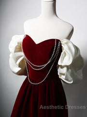 Burgundy A-Line Off Shoulder Velvet Lace Long Evening Prom Dresses, Burgundy Long Formal Dresses