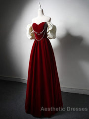 Burgundy A-Line Off Shoulder Velvet Lace Long Evening Prom Dresses, Burgundy Long Formal Dresses