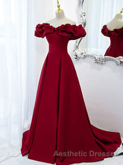 Burgundy A-Line Satin Long Evening Prom Dresses, Burgundy Formal Evening Dresses
