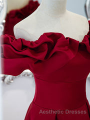 Burgundy A-Line Satin Long Evening Prom Dresses, Burgundy Formal Evening Dresses