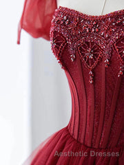 Burgundy A line tulle beads long Evening Prom Dresses burgundy formal Dresses