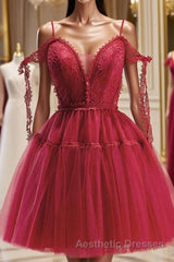 Burgundy A-Line Tulle Lace Short Evening Prom Dresses, Burgundy Homecoming Dresses