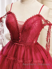 Burgundy A-Line Tulle Lace Short Evening Prom Dresses, Burgundy Homecoming Dresses