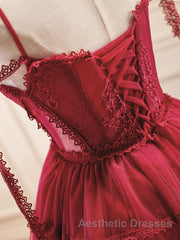 Burgundy A-Line Tulle Lace Short Evening Prom Dresses, Burgundy Homecoming Dresses