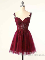 Burgundy A-Line Tulle Lace Short Evening Prom Dresses, Cute Burgundy Homecoming Dresses