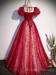 Burgundy A line tulle long Evening Prom Dresses burgundy evening Dresses