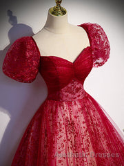 Burgundy A line tulle long Evening Prom Dresses burgundy evening Dresses