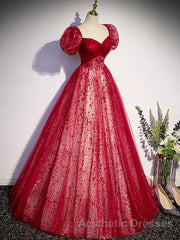 Burgundy A line tulle long Evening Prom Dresses burgundy evening Dresses