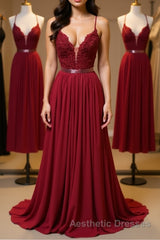 Burgundy A Line V Neck Backless Lace Tulle Long Evening Prom Dresses, Burgundy Lace Formal Dresses, Burgundy Evening Dresses