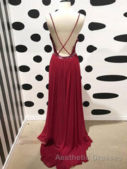 Burgundy A Line V Neck Backless Lace Tulle Long Evening Prom Dresses, Burgundy Lace Formal Dresses, Burgundy Evening Dresses