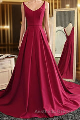 Burgundy A Line V Neck Sweep Train Open Back Satin Long Evening Prom Dresses, V Neck Burgundy Formal Dresses, Backless Evening Dresses