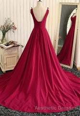 Burgundy A Line V Neck Sweep Train Open Back Satin Long Evening Prom Dresses, V Neck Burgundy Formal Dresses, Backless Evening Dresses