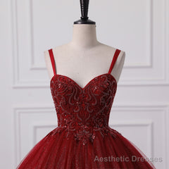 Burgundy Bling Tulle Ball gowns Long Prom Dress with Embroidered Sequins