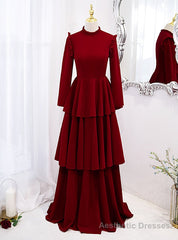 Burgundy High Neck Long Sleeve Prom Dress