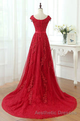 Burgundy Lace Evening Prom Dresses with Train, Wine Red Lace Formal Evening Dresses