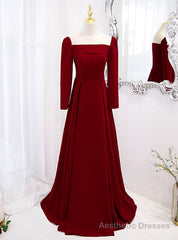 Burgundy Long Sleeve See Through Neck Prom Dress