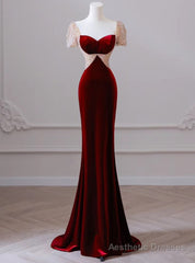 Burgundy Memraid Velvet Short Sleeve Beading Prom Dress