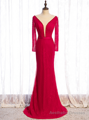 Burgundy Mermaid Lace Long Sleeve Beading Prom Dress