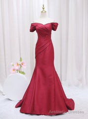 Burgundy Mermaid Satin Off the Shoulder Pleats Prom Dress