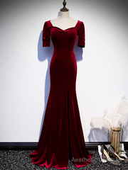 Burgundy Mermaid Velvet Short Sleeve Prom Dresss