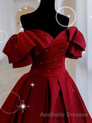 Burgundy off shoulder satin long Evening Prom Dresses, burgundy evening Dresses